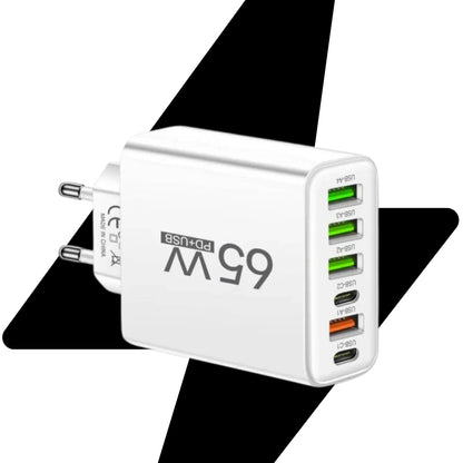 65W 6-in-1 Schnellladegerät - 6 Anschlüsse für Telefon, Laptop und Tablet