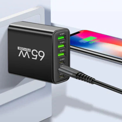 65W 6-in-1 Schnellladegerät - 6 Anschlüsse für Telefon, Laptop und Tablet