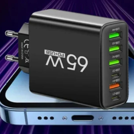 65W 6-in-1 Schnellladegerät - 6 Anschlüsse für Telefon, Laptop und Tablet