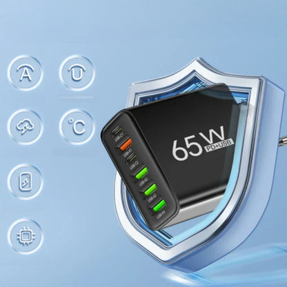 65W 6-in-1 Schnellladegerät - 6 Anschlüsse für Telefon, Laptop und Tablet