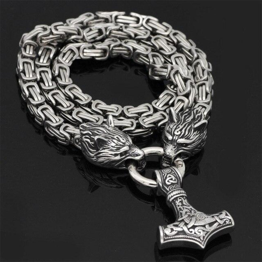Doppelter Wolfskopf & Mjolnir Halskette - Symbol für Stärke und Schutz