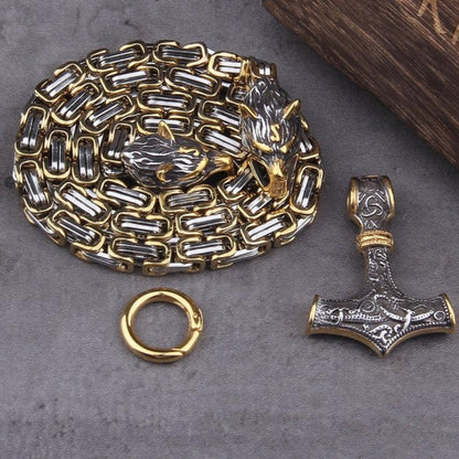 Doppelter Wolfskopf & Mjolnir Halskette - Symbol für Stärke und Schutz