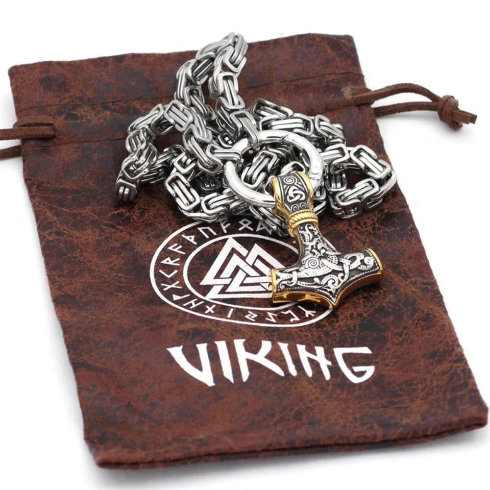 Doppelter Wolfskopf & Mjolnir Halskette - Symbol für Stärke und Schutz