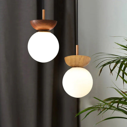 Japanische Glaskugel 1 Pendelleuchte – Runde Lampe mit Holzhalterung