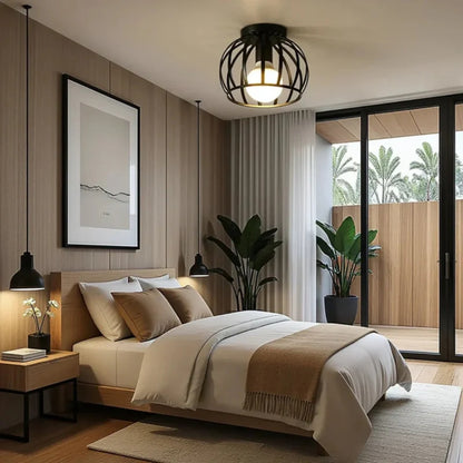 Schwarze Deckenleuchte – Warmweißes Umgebungslicht mit Offenem Käfigdesign