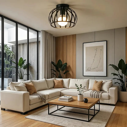 Schwarze Deckenleuchte – Warmweißes Umgebungslicht mit Offenem Käfigdesign