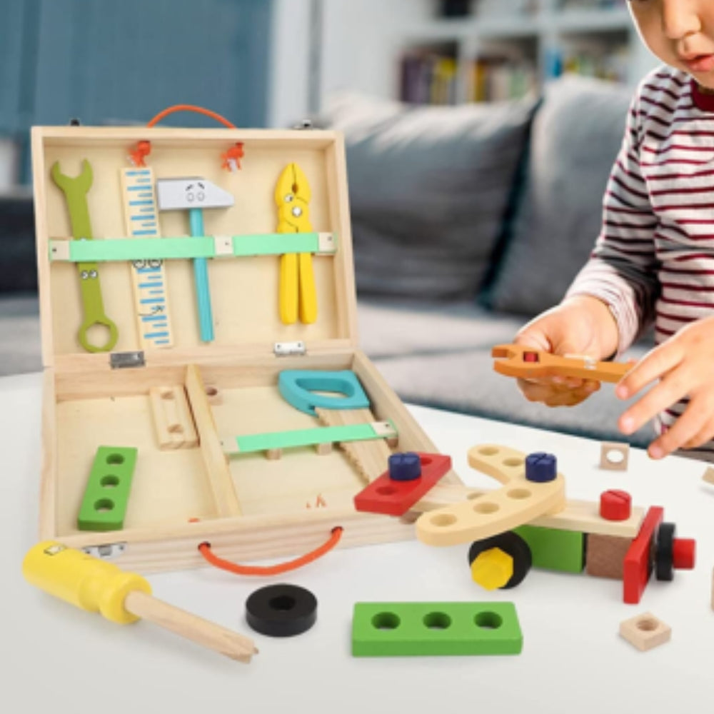 Werkzeugkasten aus Holz - 35-teiliges Konstruktionslehrspielzeug für Kinder